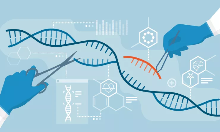 illustration of dna being examined by scientist hands