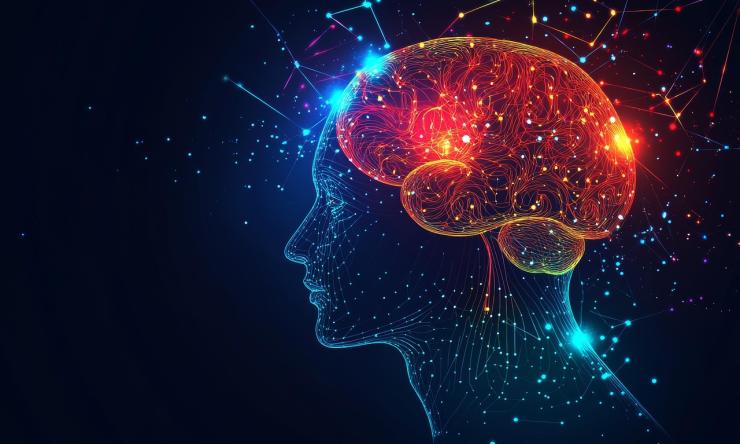 A drawing of a person's silhouette showing brain activity represented by sparks of light and lines. 