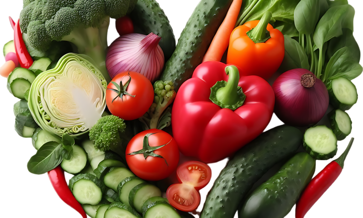 Vegetables placed in the shape of a heart