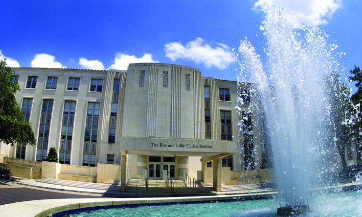 The Alkek Fountain in front of the Roy and Lillie Cullen Building