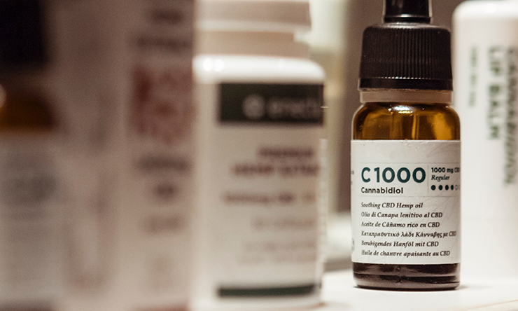 A bottle of cannabidiol (CBD), a THC-free product derived from the cannabis plant.