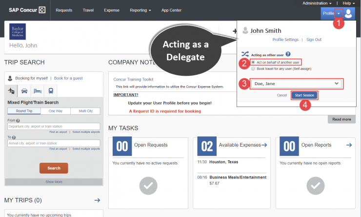 Homepage Concur Acting as a Delegate