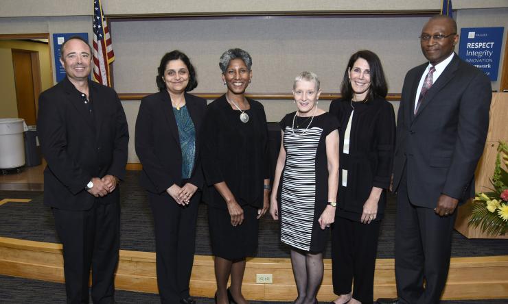 Dr. Alicia Monroe with the recipients of the Master Clinician Faculty Award for Excellence in Patient Care, from left to right, Dr. Glenn Levine, Dr. Sheila Loboprabhu, Dr. Nancy Glass, Dr. Evelyn Paysse and Dr. Oluyinka Olutoye.