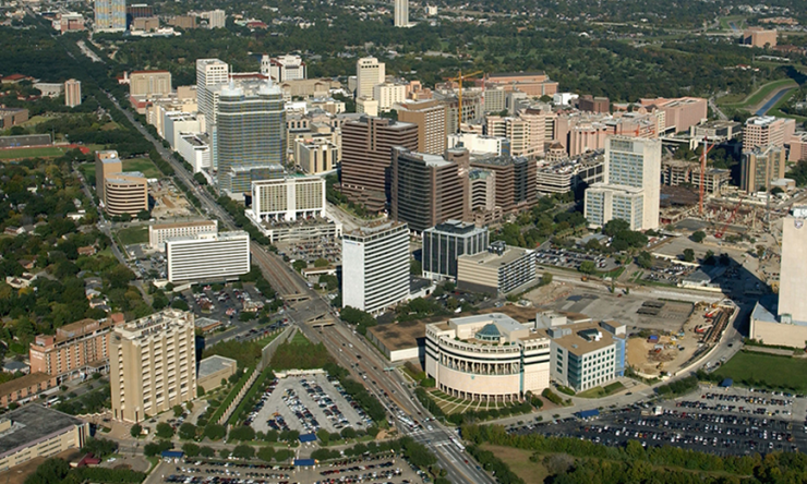 An aerial shot of the Texas Medical Center, the largest medical complex in the world.