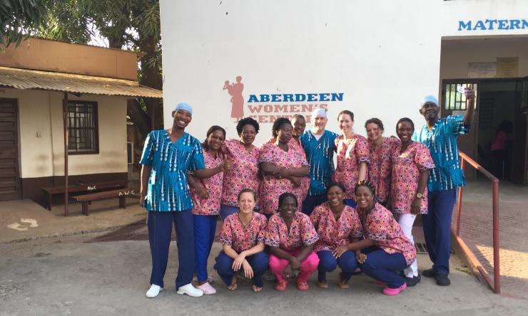 Global Women's Health Team in Sierra Leone Dr. Jeff Wilkinson and Dr. Rachel Pope with the medical team at Aberdeen Women's Hospital, Sierra Leone